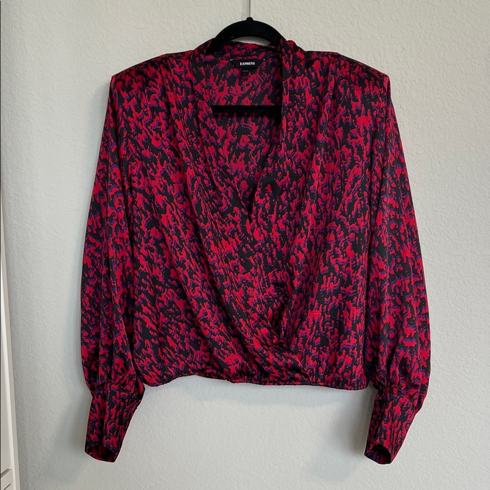 Express Red and Purple Long Sleeve Cross Front Top